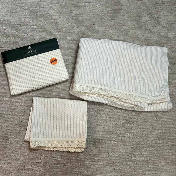 RALPH LAUREN Vintage Sheets Cross Stripe Red Twin Flat sheets and one Pillowcase